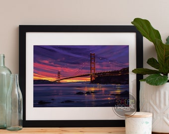 Most Golden Gate, wydruk: akwarela przedstawiająca panoramę San Francisco