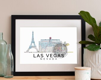 Impression d'art aquarelle sur la ligne d'horizon de Las Vegas : affiche du Nevada