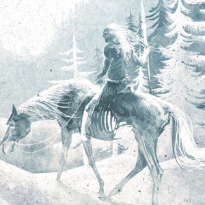 May include: A black and white illustration of a person riding a horse through a snowy forest. The person is wearing a long coat and holding a spear. The horse has a long mane and tail.