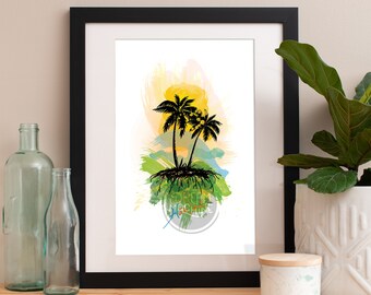 Impresión artística de acuarela de palmera hawaiana