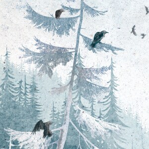 May include: A watercolor painting of a snowy forest with a tall pine tree in the center. Three black birds are perched on the branches of the tree. The forest is painted in shades of blue and white.