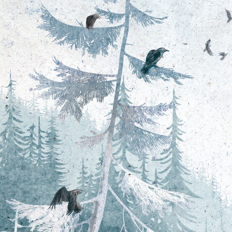 May include: A watercolor painting of a snowy forest with a tall pine tree in the center. Three black birds are perched on the branches of the tree. The forest is painted in shades of blue and white.