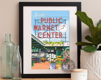 Pikes Place Market Seattle Print, Pikes Place Market Art Poster, Seattle Art Print, Pikes Place Market Wall Art