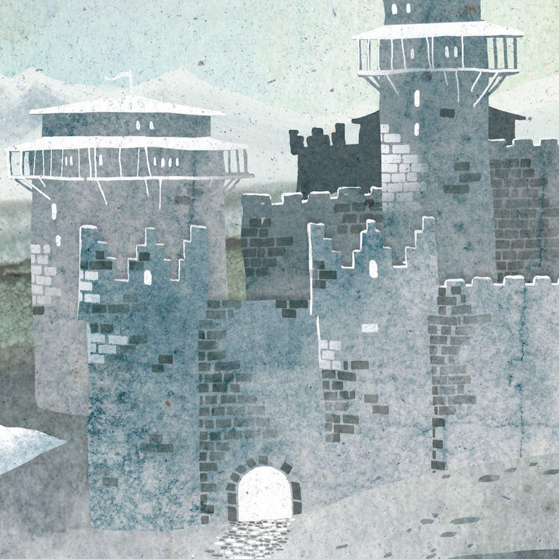 May include: Illustration of a medieval castle with gray stone walls, turrets, and a gate. The castle has a textured appearance, with a light blue and gray color palette. The background features a light blue sky and mountains.