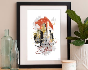 Buffalo Skyline Watercolor Art Print: Archival Quality Paper