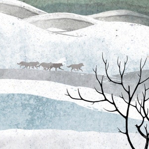May include: An illustration depicts a snowy landscape with rolling hills and a line of wolves. The wolves, in shades of gray, are running across a snow-covered path. Bare tree branches are in the foreground, and the sky is a muted green.