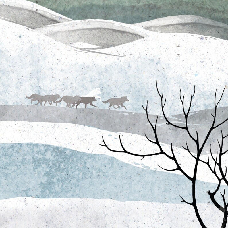 May include: An illustration depicts a snowy landscape with rolling hills and a line of wolves. The wolves, in shades of gray, are running across a snow-covered path. Bare tree branches are in the foreground, and the sky is a muted green.