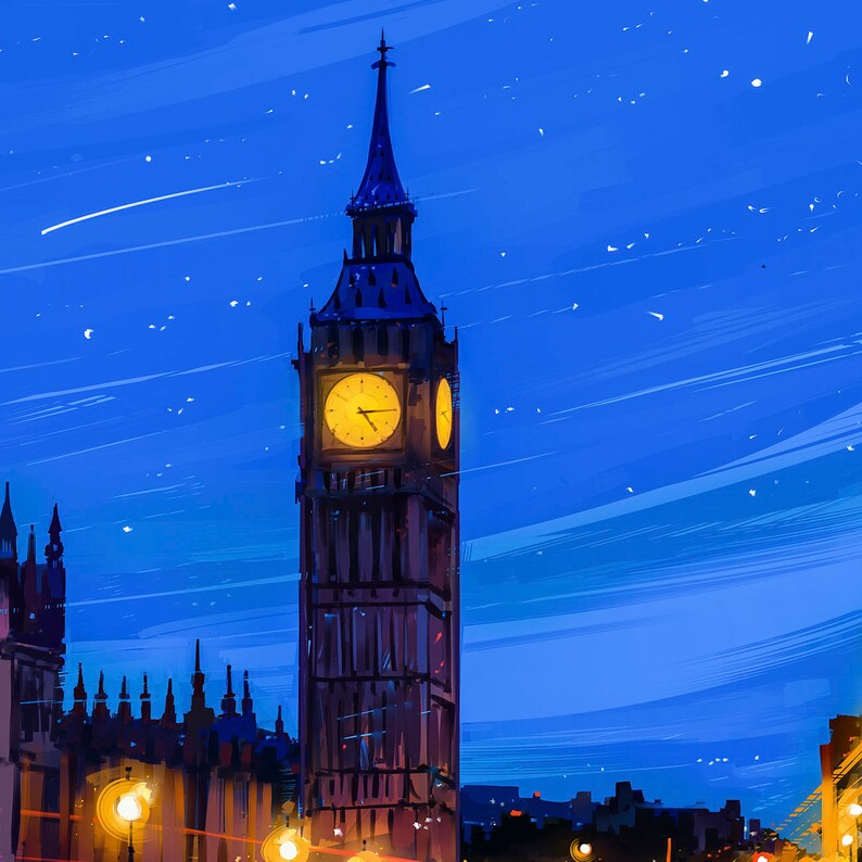 Peut inclure: Une peinture de Big Ben, une c&eacute;l&egrave;bre tour horloge de Londres, sur un fond de ciel nocturne bleu avec des &eacute;toiles. Le cadran de l'horloge est &eacute;clair&eacute; et affiche l'heure.