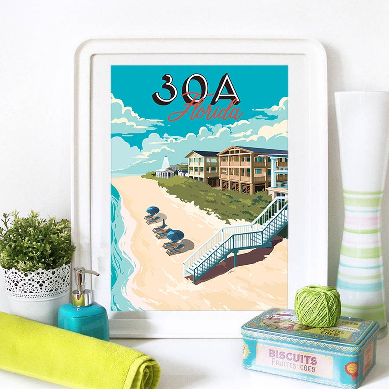 30A Art 30A Art Print 30A Wall Art 30A Watercolor 30A Map Watercolor 30A Poster 30A Print Seaside Florida 30A Skyline Rosemary