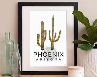 Cactusprint Phoenix Arizona: aquarel kunst skyline stad