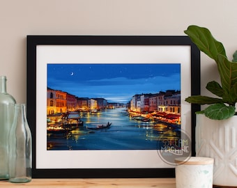 Impression d'art aquarelle sur le Grand Canal de Venise : affiche de la ligne d'horizon de l'Italie