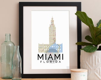 Miami Skyline Aquarell Karte Kunstdruck