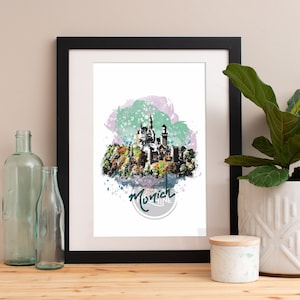 Munich Skyline Watercolor Art Print: Cityscape Poster