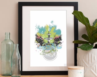 Savannah Skyline Watercolor Art Print: Archival Quality Paper