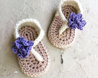 Crocheted Cream Strappy Baby Newborn Girl Sandals with Flower