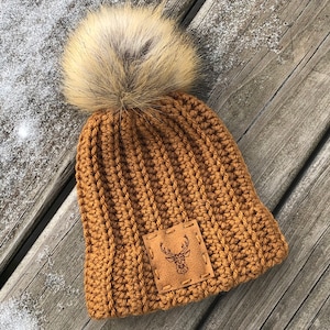 Crochet Baby Beanie | Newborn Boy Girl |Winter Hat | Double Brim | Ribbed Stocking Hat | Hat Patch | Brown | Pom Pom Hat