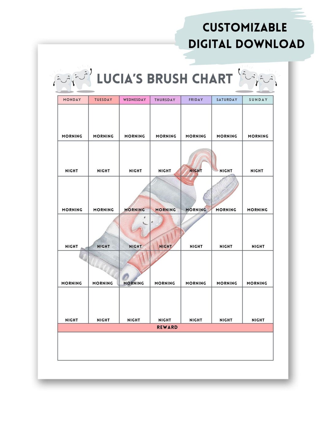 Personalized Teeth Brushing Sticker Chart Digital Download Etsy