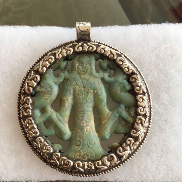 Large Tibetian Carved Jade and Brass Goddess of Wealth Pendant, vintage Style, Very Unique