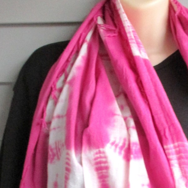 Pink and White Cotton Tie Dye Scarf with Fringe - 36" Square