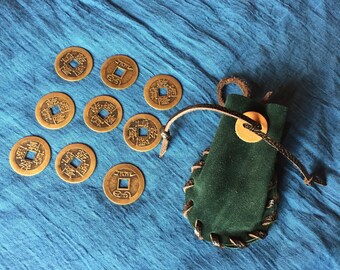 Coins for divination (9) + small GREEN leather purse height 9 cm - Mongolia divination oracle reproduction old coins