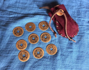 Coins for divination (9) + small PURPLE leather purse height 9 cm - Mongolia divination oracle reproduction old coins