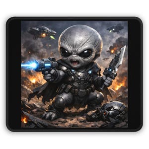 May include: A black mousepad featuring a digital illustration of a gray alien warrior with a weapon in each hand. The alien is in a battle scene with explosions and flying spacecraft in the background.