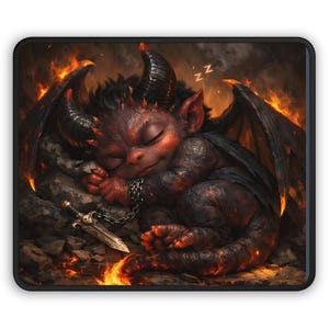 May include: A rectangular mousepad featuring a sleeping baby demon with red skin, black horns, and wings. The demon is chained and rests on a rocky surface surrounded by flames. A sword lies nearby. The background is a fiery scene.