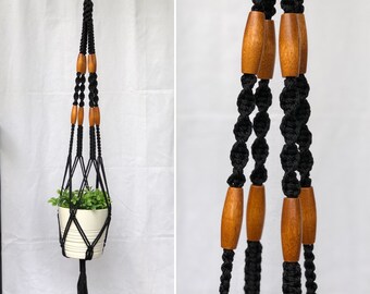 Macrame Plant Hanger - The Incus - Black with wood beads