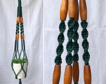 Macrame Plant Hanger - The Incus - Forest Green with long brown wood beads