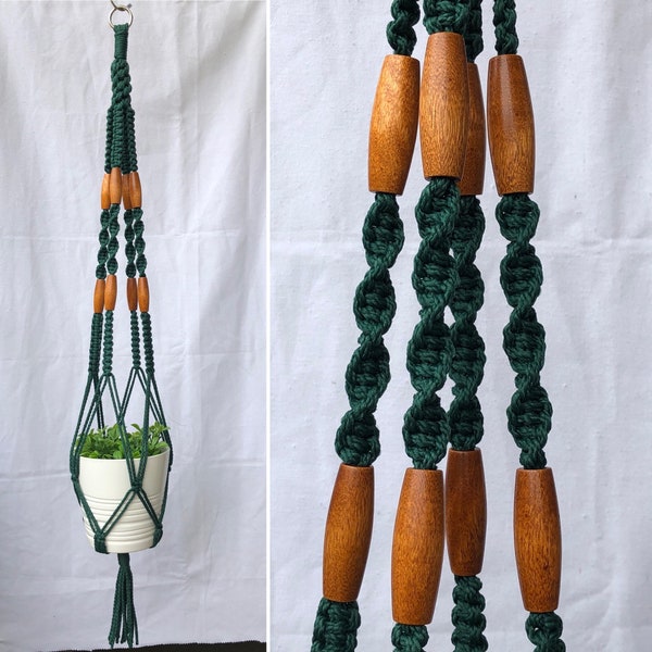 Macrame Plant Hanger - The Incus - Forest Green with long brown wood beads