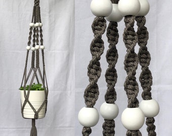 Macrame plant hanger - The Incus - smoke gray with white beads