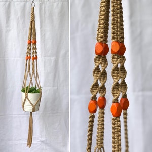 Macrame Plant Hanger - The Incus - Tan with orange prism beads