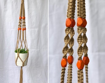 Macrame Plant Hanger - The Incus - Tan with orange prism beads