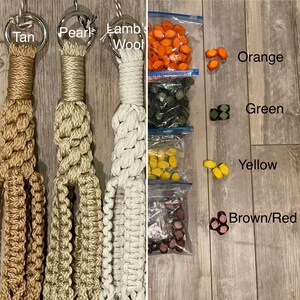 May include: Macrame plant hangers in tan, pearl, and lamb's wool colors. The image also shows small wooden beads in orange, green, yellow, and brown/red, each in a separate bag. The beads are labeled with their respective colors.