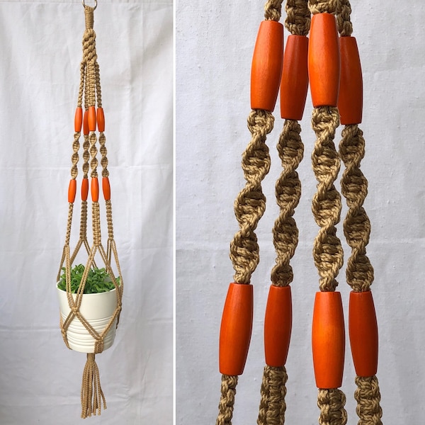 Macrame Plant Hanger - The Incus - Tan with long orange beads