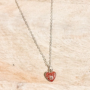 Croatian Licitar Heart Charm Necklace, 18” Sterling Silver Flat Chain