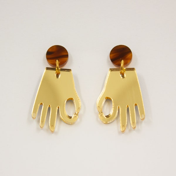 Gold & Tortoiseshell 'Ok' Mirror Acrylic Hand Earrings
