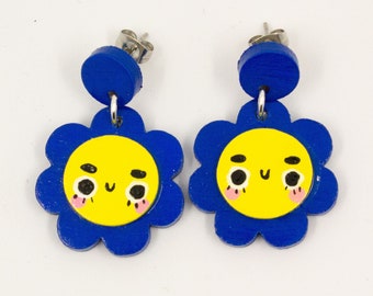 Cobalt Blue 'Flora' Earrings: Cute Flower Shaped Lasercut Wooden Drop Earrings