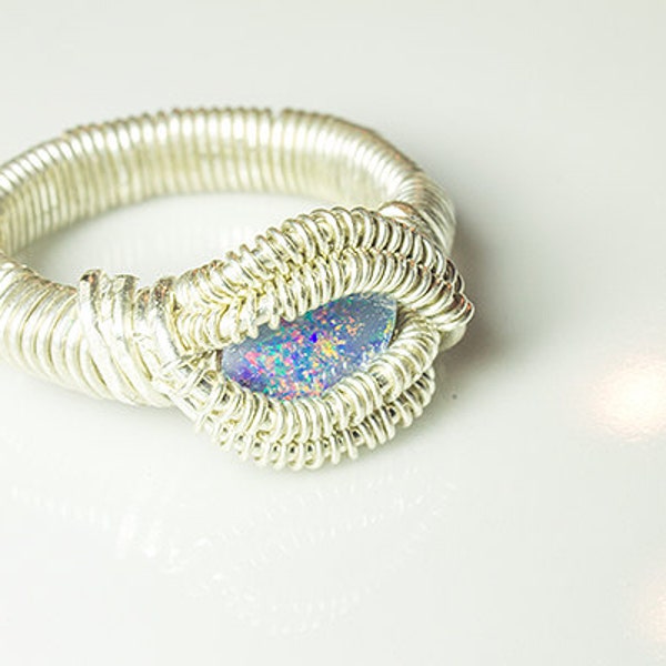 Opal heady Wire Wrap ring , size 5 Opal ring , doublet Opal