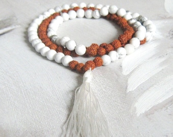 Mala beads Howlite/Rudraksha Mala 108 +1 bead tassel mala Meditation/Prayer Mala White mala Orange Mala Insomnia mala Father necklace gift