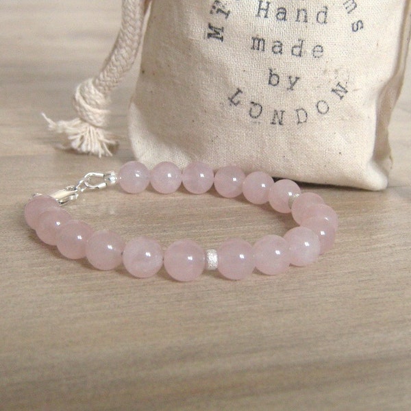 Quartz bracelet Sterling silver bracelet Rose quartz gemstone bracelet Pink beaded bracelet Holistic Self-worth/Inner peace/Love 7.5 inches