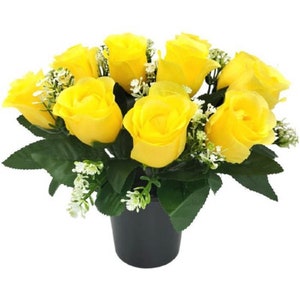 Memorial Grave Crem Pot Artificial Arrangement Yellow Roses Rosebuds for Graveside Cemetery Crematorium
