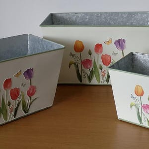 May include: A set of three rectangular metal planters. The cream-coloured planters have a galvanised metal interior. Each planter is decorated with a floral design of tulips and butterflies in red, orange, pink, and purple.