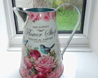 Large Jug Artificial Flower Vase Bluebird Pink Rose Butterfly Design "Flower Shop" French Style Metal Decal Style 22cm