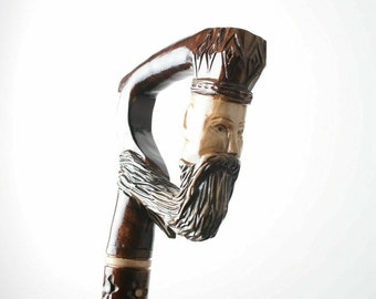 Walking stick for hiking cane hand carved wooden wood handmade handcarved crafted - Designer - Exclusive - PERFECT DETAILS!