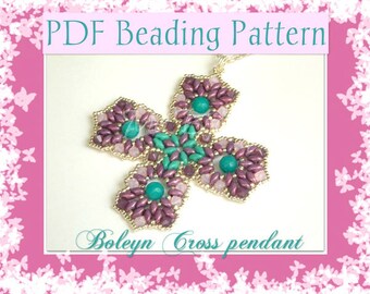 DIY Beading pattern Boleyn Cross pendant with superDuo beads / PDF tutorial with detailed instructions step by step, images and diagrams