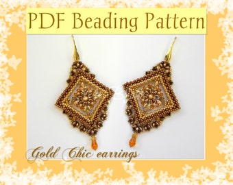 DIY Beading pattern Gold Chic earrings / PDF tutorial with detailed instructions, images and diagrams / Cubic Right Angle Weave 3D, Superduo