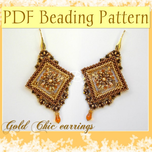 DIY Beading pattern Gold Chic earrings / PDF tutorial with detailed instructions, images and diagrams / Cubic Right Angle Weave 3D, Superduo