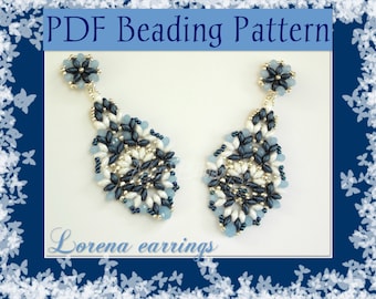 DIY Beading pattern Lorena earrings with Superduo beads and rondelle beads/ PDF tutorial with detailed instructions, images and diagrams