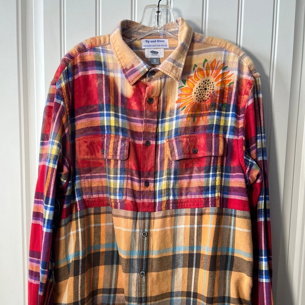 Upcycled flannel shirt mix matched hand painted bleach distressed plus size 48 inch bust UpAndOverFashions